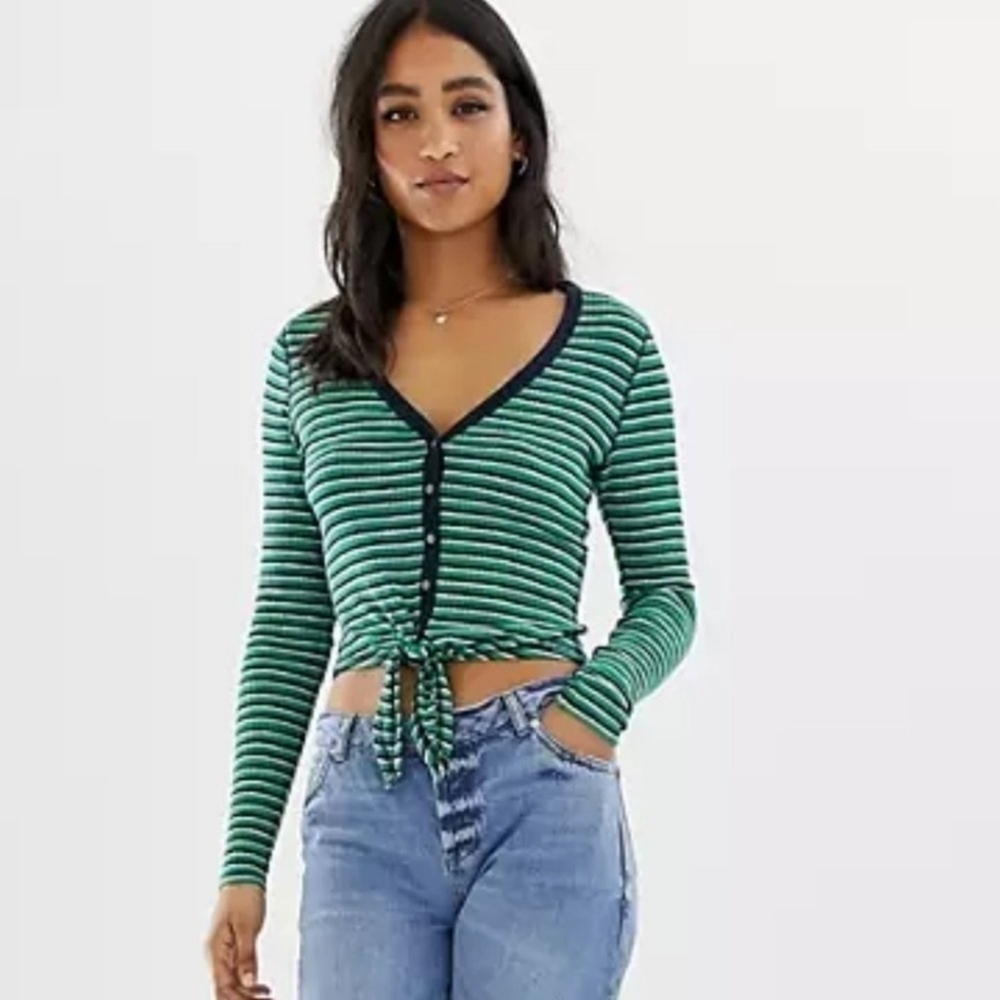 Abercrombie & Fitch V-Neck Green Striped Ribbed Long Sleeves Crop Top Size M - Picture 6 of 7